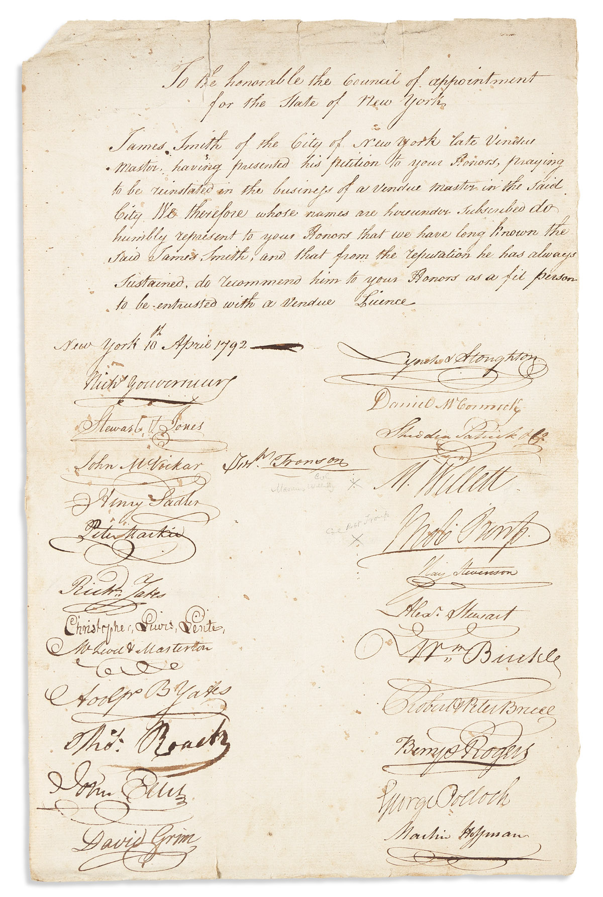 WILLETT, MARINUS. Signature, M. Willett, on a petition to the Council of Appointment for the State of NY, attesting to the character